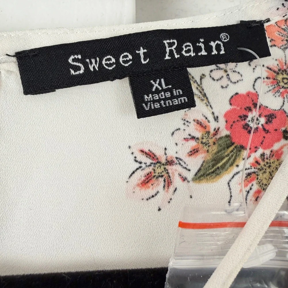 Sweet Rain Blouse Women XL White Floral Strappy V-Neck Cap Sleeve‎ Lightweight